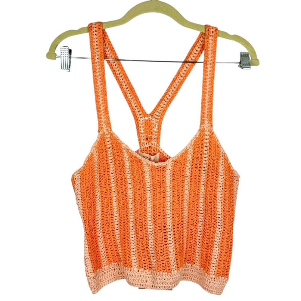 NWT Listicle Orange Crochet Daisy Striped Halter Strap Tank Top Large Breathable